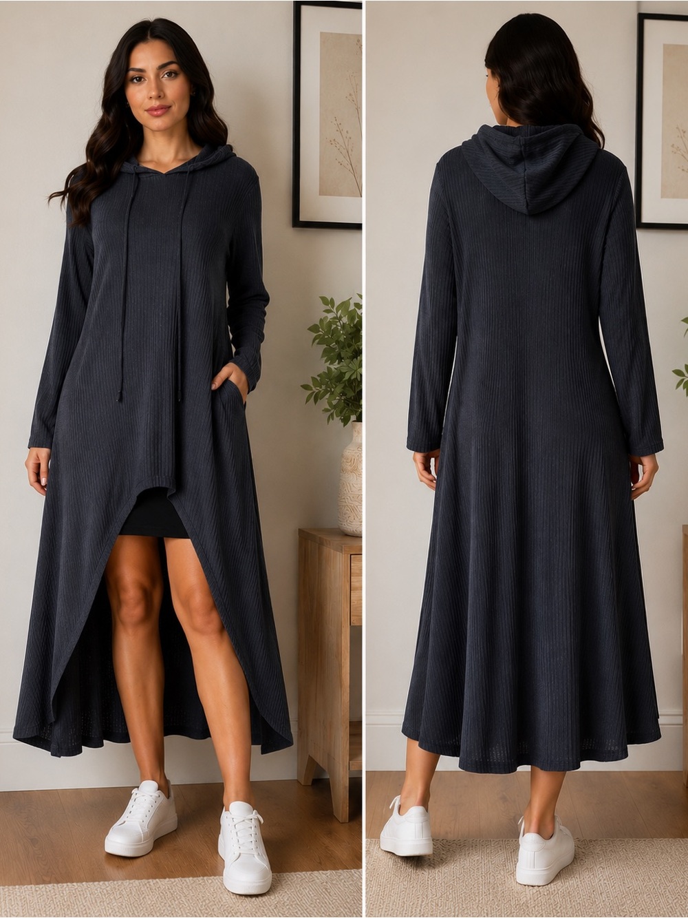 Charcoal Ribbed Hooded High-Low Maxi Dress